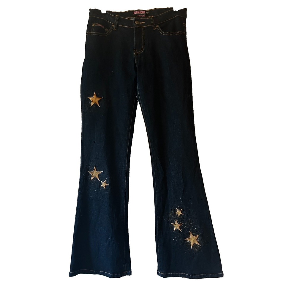 Vtg Y2K Bubblegum Jeans Women Sz 7/8 Dark Wash Flare‎ Stars Glitter Low Rise USA